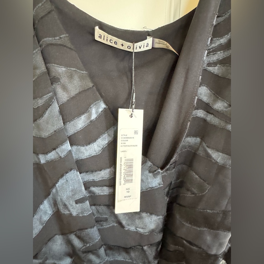 Alice + Olivia Black Essie Burnout Satin Mini faux Wrap Dress- Zebra - Picture 3 of 8